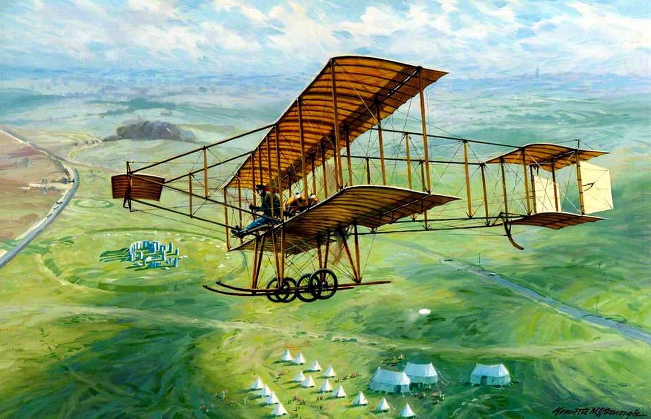 Captain Bertram Dickson Flying a Bristol Biplane over Stonehenge - Kenneth A. McDonough